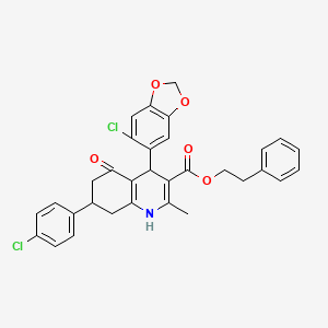 molecular formula C32H27Cl2NO5 B5153176 2-phenylethyl 4-(6-chloro-1,3-benzodioxol-5-yl)-7-(4-chlorophenyl)-2-methyl-5-oxo-1,4,5,6,7,8-hexahydro-3-quinolinecarboxylate 