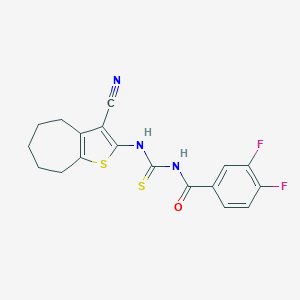 molecular formula C18H15F2N3OS2 B515407 N-[(3-cyano-5,6,7,8-tetrahydro-4H-cyclohepta[b]thiophen-2-yl)carbamothioyl]-3,4-difluorobenzamide CAS No. 370576-86-6