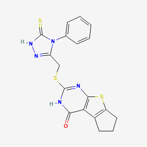 molecular formula C18H15N5OS3 B5157179 2-{[(4-phenyl-5-thioxo-4,5-dihydro-1H-1,2,4-triazol-3-yl)methyl]thio}-3,5,6,7-tetrahydro-4H-cyclopenta[4,5]thieno[2,3-d]pyrimidin-4-one 
