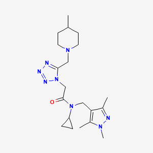 molecular formula C20H32N8O B5158081 N-cyclopropyl-2-{5-[(4-methyl-1-piperidinyl)methyl]-1H-tetrazol-1-yl}-N-[(1,3,5-trimethyl-1H-pyrazol-4-yl)methyl]acetamide 