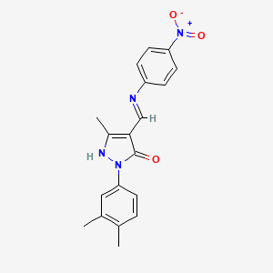 molecular formula C19H18N4O3 B5169621 2-(3,4-dimethylphenyl)-5-methyl-4-{[(4-nitrophenyl)amino]methylene}-2,4-dihydro-3H-pyrazol-3-one 