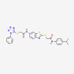 molecular formula C27H25N7O2S3 B5175472 N-[2-({2-[(4-isopropylphenyl)amino]-2-oxoethyl}thio)-1,3-benzothiazol-6-yl]-2-[(1-phenyl-1H-tetrazol-5-yl)thio]acetamide 