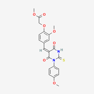 molecular formula C22H20N2O7S B5183044 methyl (2-methoxy-4-{[1-(4-methoxyphenyl)-4,6-dioxo-2-thioxotetrahydro-5(2H)-pyrimidinylidene]methyl}phenoxy)acetate 