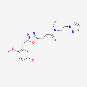 molecular formula C21H27N5O4 B5183252 3-[5-(2,5-dimethoxybenzyl)-1,3,4-oxadiazol-2-yl]-N-ethyl-N-[2-(1H-pyrazol-1-yl)ethyl]propanamide 