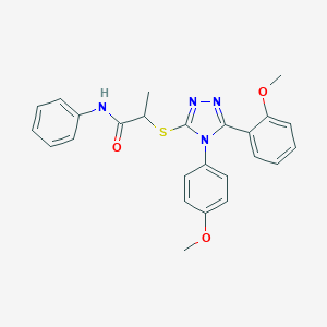 molecular formula C25H24N4O3S B519508 2-[[5-(2-methoxyphenyl)-4-(4-methoxyphenyl)-1,2,4-triazol-3-yl]sulfanyl]-N-phenylpropanamide 