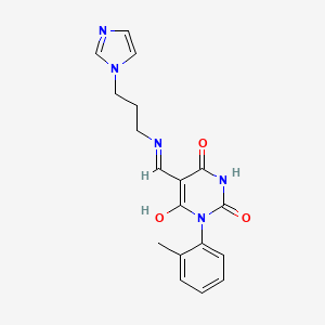 molecular formula C18H19N5O3 B5203715 5-({[3-(1H-imidazol-1-yl)propyl]amino}methylene)-1-(2-methylphenyl)-2,4,6(1H,3H,5H)-pyrimidinetrione 