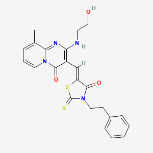 molecular formula C23H22N4O3S2 B5203974 2-[(2-hydroxyethyl)amino]-9-methyl-3-{[4-oxo-3-(2-phenylethyl)-2-thioxo-1,3-thiazolidin-5-ylidene]methyl}-4H-pyrido[1,2-a]pyrimidin-4-one 