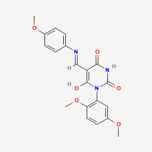 molecular formula C20H19N3O6 B5206477 1-(2,5-dimethoxyphenyl)-5-{[(4-methoxyphenyl)amino]methylene}-2,4,6(1H,3H,5H)-pyrimidinetrione CAS No. 6370-14-5