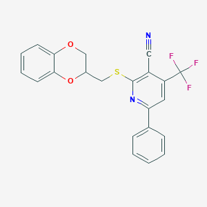 molecular formula C22H15F3N2O2S B5208667 2-[(2,3-dihydro-1,4-benzodioxin-2-ylmethyl)thio]-6-phenyl-4-(trifluoromethyl)nicotinonitrile 