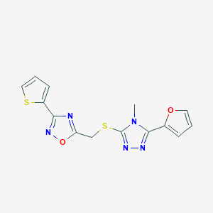 molecular formula C14H11N5O2S2 B5208823 5-({[5-(2-furyl)-4-methyl-4H-1,2,4-triazol-3-yl]thio}methyl)-3-(2-thienyl)-1,2,4-oxadiazole 