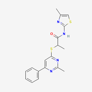 molecular formula C18H18N4OS2 B5212857 2-[(2-methyl-6-phenyl-4-pyrimidinyl)thio]-N-(4-methyl-1,3-thiazol-2-yl)propanamide 