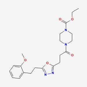 molecular formula C21H28N4O5 B5213154 ethyl 4-(3-{5-[2-(2-methoxyphenyl)ethyl]-1,3,4-oxadiazol-2-yl}propanoyl)-1-piperazinecarboxylate 
