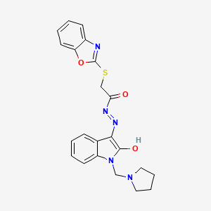molecular formula C22H21N5O3S B5214676 2-(1,3-benzoxazol-2-ylthio)-N'-[2-oxo-1-(1-pyrrolidinylmethyl)-1,2-dihydro-3H-indol-3-ylidene]acetohydrazide 