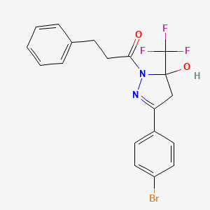 molecular formula C19H16BrF3N2O2 B5216436 3-(4-bromophenyl)-1-(3-phenylpropanoyl)-5-(trifluoromethyl)-4,5-dihydro-1H-pyrazol-5-ol 