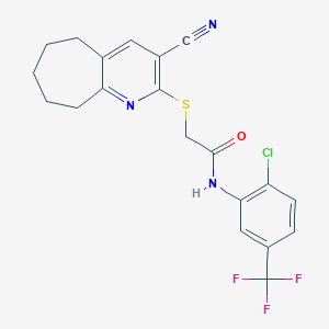 molecular formula C20H17ClF3N3OS B5216609 N-[2-chloro-5-(trifluoromethyl)phenyl]-2-[(3-cyano-6,7,8,9-tetrahydro-5H-cyclohepta[b]pyridin-2-yl)thio]acetamide 