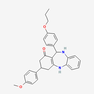 molecular formula C29H30N2O3 B5219483 3-(4-methoxyphenyl)-11-(4-propoxyphenyl)-2,3,4,5,10,11-hexahydro-1H-dibenzo[b,e][1,4]diazepin-1-one 