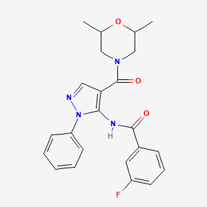 molecular formula C23H23FN4O3 B5220306 N-{4-[(2,6-dimethyl-4-morpholinyl)carbonyl]-1-phenyl-1H-pyrazol-5-yl}-3-fluorobenzamide 