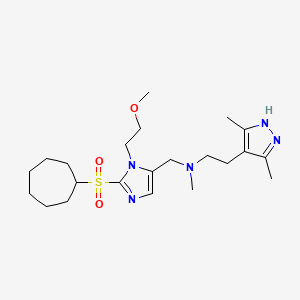 molecular formula C22H37N5O3S B5222290 N-{[2-(cycloheptylsulfonyl)-1-(2-methoxyethyl)-1H-imidazol-5-yl]methyl}-2-(3,5-dimethyl-1H-pyrazol-4-yl)-N-methylethanamine 