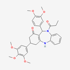 molecular formula C33H36N2O7 B5223260 11-(3,4-dimethoxyphenyl)-10-propionyl-3-(3,4,5-trimethoxyphenyl)-2,3,4,5,10,11-hexahydro-1H-dibenzo[b,e][1,4]diazepin-1-one 