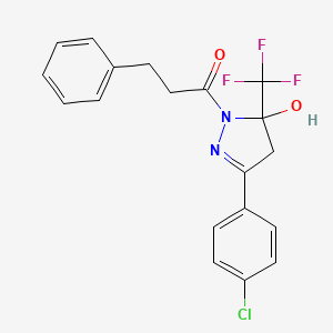molecular formula C19H16ClF3N2O2 B5224215 3-(4-chlorophenyl)-1-(3-phenylpropanoyl)-5-(trifluoromethyl)-4,5-dihydro-1H-pyrazol-5-ol 