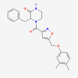 molecular formula C24H25N3O4 B5224239 3-benzyl-4-({5-[(3,4-dimethylphenoxy)methyl]-3-isoxazolyl}carbonyl)-2-piperazinone 