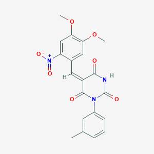 molecular formula C20H17N3O7 B5228491 5-(4,5-dimethoxy-2-nitrobenzylidene)-1-(3-methylphenyl)-2,4,6(1H,3H,5H)-pyrimidinetrione 