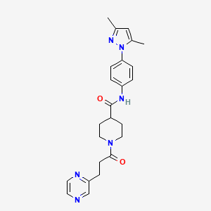 molecular formula C24H28N6O2 B5229104 N-[4-(3,5-dimethyl-1H-pyrazol-1-yl)phenyl]-1-[3-(2-pyrazinyl)propanoyl]-4-piperidinecarboxamide 