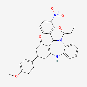 molecular formula C29H27N3O5 B5229364 3-(4-methoxyphenyl)-11-(3-nitrophenyl)-10-propionyl-2,3,4,5,10,11-hexahydro-1H-dibenzo[b,e][1,4]diazepin-1-one 