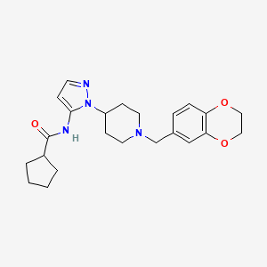 molecular formula C23H30N4O3 B5229885 N-{1-[1-(2,3-dihydro-1,4-benzodioxin-6-ylmethyl)-4-piperidinyl]-1H-pyrazol-5-yl}cyclopentanecarboxamide 