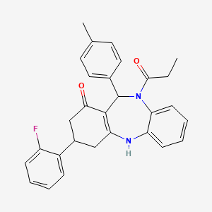 molecular formula C29H27FN2O2 B5233641 3-(2-fluorophenyl)-11-(4-methylphenyl)-10-propionyl-2,3,4,5,10,11-hexahydro-1H-dibenzo[b,e][1,4]diazepin-1-one 