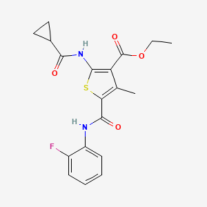 molecular formula C19H19FN2O4S B5235309 ethyl 2-[(cyclopropylcarbonyl)amino]-5-{[(2-fluorophenyl)amino]carbonyl}-4-methyl-3-thiophenecarboxylate 