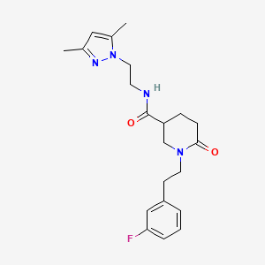 molecular formula C21H27FN4O2 B5236094 N-[2-(3,5-dimethyl-1H-pyrazol-1-yl)ethyl]-1-[2-(3-fluorophenyl)ethyl]-6-oxo-3-piperidinecarboxamide 