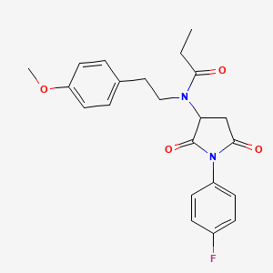 molecular formula C22H23FN2O4 B5236900 N-[1-(4-fluorophenyl)-2,5-dioxo-3-pyrrolidinyl]-N-[2-(4-methoxyphenyl)ethyl]propanamide 