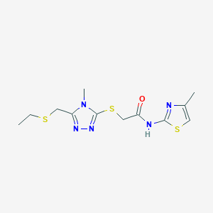 molecular formula C12H17N5OS3 B5236947 2-({5-[(ethylthio)methyl]-4-methyl-4H-1,2,4-triazol-3-yl}thio)-N-(4-methyl-1,3-thiazol-2-yl)acetamide 