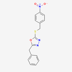 molecular formula C16H13N3O3S B5238791 2-BENZYL-5-{[(4-NITROPHENYL)METHYL]SULFANYL}-1,3,4-OXADIAZOLE 