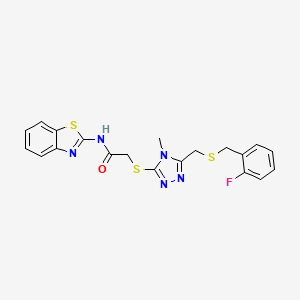 molecular formula C20H18FN5OS3 B5242093 N-(1,3-benzothiazol-2-yl)-2-[[5-[(2-fluorophenyl)methylsulfanylmethyl]-4-methyl-1,2,4-triazol-3-yl]sulfanyl]acetamide 