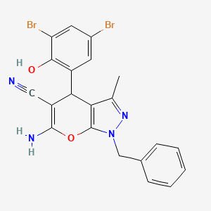 molecular formula C21H16Br2N4O2 B5243150 6-amino-1-benzyl-4-(3,5-dibromo-2-hydroxyphenyl)-3-methyl-1,4-dihydropyrano[2,3-c]pyrazole-5-carbonitrile 