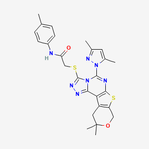 2-[[7-(3,5-dimethylpyrazol-1-yl)-14,14-dimethyl-13-oxa-10-thia-3,4,6,8-tetrazatetracyclo[7.7.0.02,6.011,16]hexadeca-1(9),2,4,7,11(16)-pentaen-5-yl]sulfanyl]-N-(4-methylphenyl)acetamide