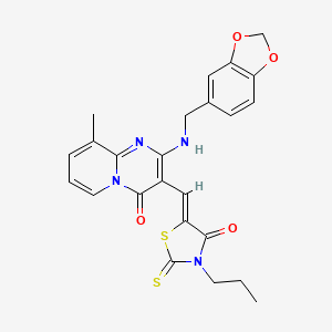 molecular formula C24H22N4O4S2 B5246198 2-[(1,3-benzodioxol-5-ylmethyl)amino]-9-methyl-3-[(Z)-(4-oxo-3-propyl-2-thioxo-1,3-thiazolidin-5-ylidene)methyl]-4H-pyrido[1,2-a]pyrimidin-4-one 