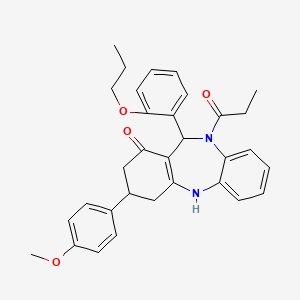 molecular formula C32H34N2O4 B5252127 3-(4-methoxyphenyl)-10-propanoyl-11-(2-propoxyphenyl)-2,3,4,5,10,11-hexahydro-1H-dibenzo[b,e][1,4]diazepin-1-one 