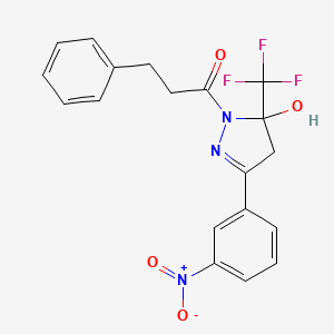 molecular formula C19H16F3N3O4 B5253177 3-(3-nitrophenyl)-1-(3-phenylpropanoyl)-5-(trifluoromethyl)-4,5-dihydro-1H-pyrazol-5-ol 