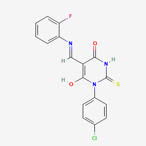 1-(4-Chlorophenyl)-5-[(2-fluorophenyl)iminomethyl]-6-hydroxy-2-sulfanylidenepyrimidin-4-one