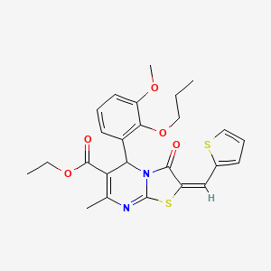 molecular formula C25H26N2O5S2 B5257657 ethyl 5-(3-methoxy-2-propoxyphenyl)-7-methyl-3-oxo-2-(2-thienylmethylene)-2,3-dihydro-5H-[1,3]thiazolo[3,2-a]pyrimidine-6-carboxylate 