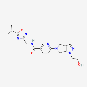 molecular formula C19H23N7O3 B5260447 6-[1-(2-hydroxyethyl)-4,6-dihydropyrrolo[3,4-c]pyrazol-5(1H)-yl]-N-[(5-isopropyl-1,2,4-oxadiazol-3-yl)methyl]nicotinamide 