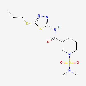 molecular formula C13H23N5O3S3 B5261005 1-[(dimethylamino)sulfonyl]-N-[5-(propylthio)-1,3,4-thiadiazol-2-yl]-3-piperidinecarboxamide 