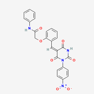 2-[2-[(E)-[1-(4-nitrophenyl)-2,4,6-trioxo-1,3-diazinan-5-ylidene]methyl]phenoxy]-N-phenylacetamide