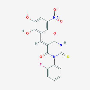 molecular formula C18H12FN3O6S B5267499 (5E)-1-(2-fluorophenyl)-5-[(2-hydroxy-3-methoxy-5-nitrophenyl)methylidene]-2-sulfanylidene-1,3-diazinane-4,6-dione 