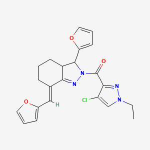 molecular formula C22H21ClN4O3 B5269548 (4-CHLORO-1-ETHYL-1H-PYRAZOL-3-YL){3-(2-FURYL)-7-[(E)-1-(2-FURYL)METHYLIDENE]-3,3A,4,5,6,7-HEXAHYDRO-2H-INDAZOL-2-YL}METHANONE 