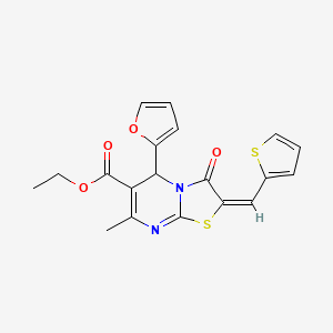 molecular formula C19H16N2O4S2 B5270254 ethyl (2E)-5-(furan-2-yl)-7-methyl-3-oxo-2-(thiophen-2-ylmethylidene)-5H-[1,3]thiazolo[3,2-a]pyrimidine-6-carboxylate 