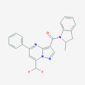molecular formula C23H18F2N4O B527213 7-(二氟甲基)-3-[(2-甲基-2,3-二氢-1H-吲哚-1-基)羰基]-5-苯基吡唑并[1,5-a]嘧啶 